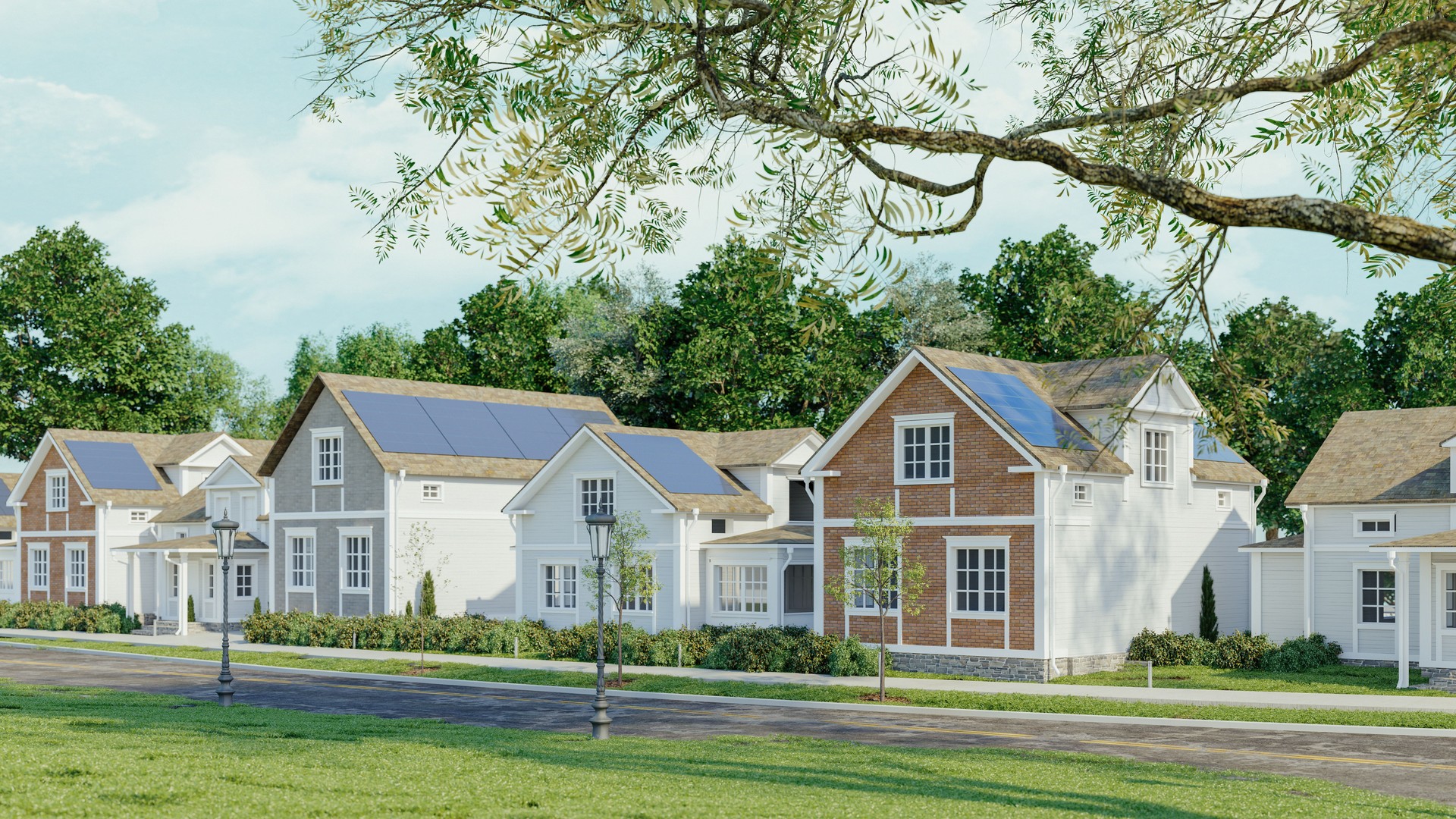 Modern Houses With Solar Panels On A Suburban Street